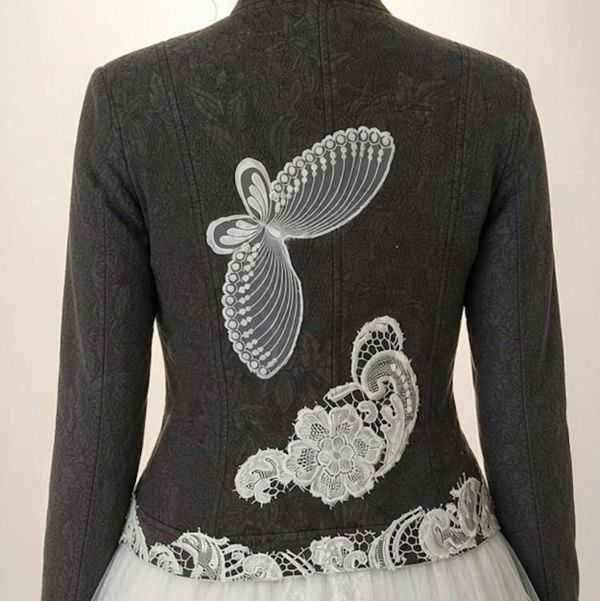 Alternate image for Embroidered Charcoal quilted cotton Jacket with Ivory Lace Appliqués