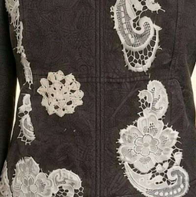 Alternate image for Embroidered Charcoal quilted cotton Jacket with Ivory Lace Appliqués