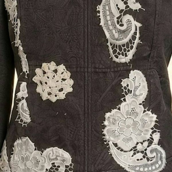 Alternate image for Embroidered Charcoal quilted cotton Jacket with Ivory Lace Appliqués