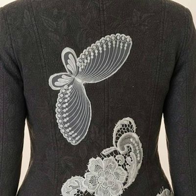 Alternate image for Embroidered Charcoal quilted cotton Jacket with Ivory Lace Appliqués