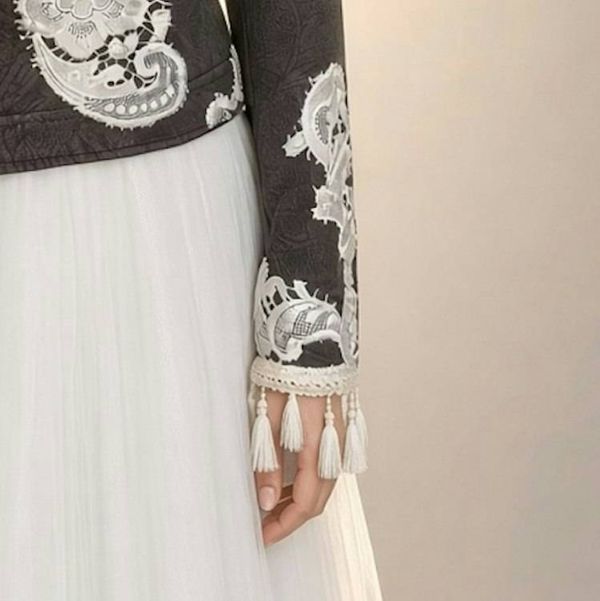 Alternate image for Embroidered Charcoal quilted cotton Jacket with Ivory Lace Appliqués