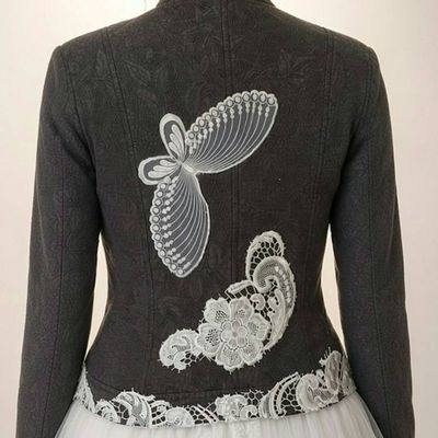 Alternate image for Embroidered Charcoal quilted cotton Jacket with Ivory Lace Appliqués