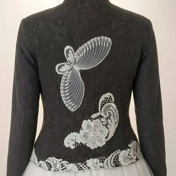 Alternate image for Embroidered Charcoal quilted cotton Jacket with Ivory Lace Appliqués
