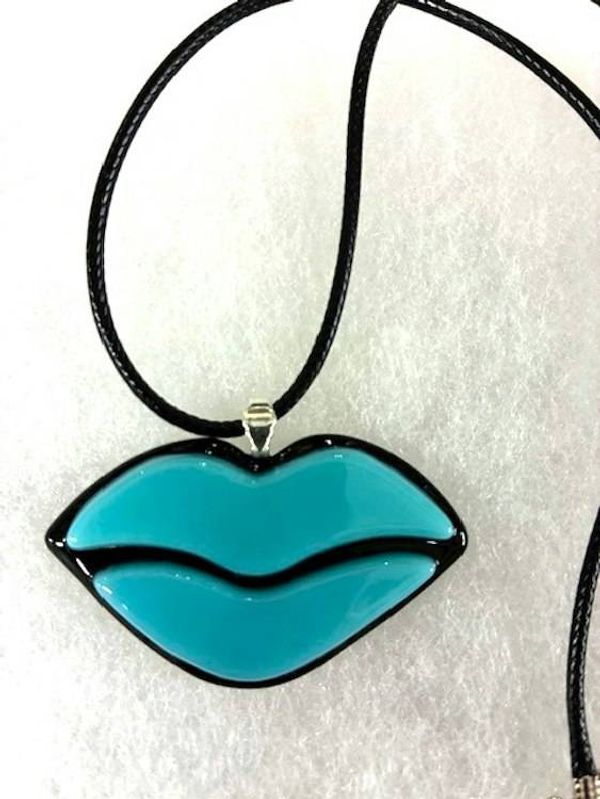 Alternate image for Turquoise Art Glass Lips Pendant Necklace with Black Leatherette Cord