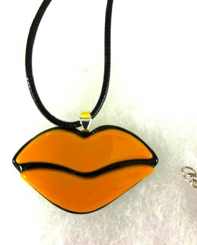 Alternate image for Turquoise Art Glass Lips Pendant Necklace with Black Leatherette Cord