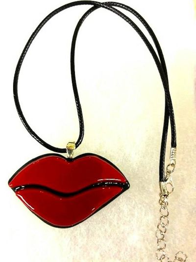 Alternate image for Turquoise Art Glass Lips Pendant Necklace with Black Leatherette Cord