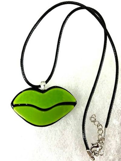Alternate image for Turquoise Art Glass Lips Pendant Necklace with Black Leatherette Cord