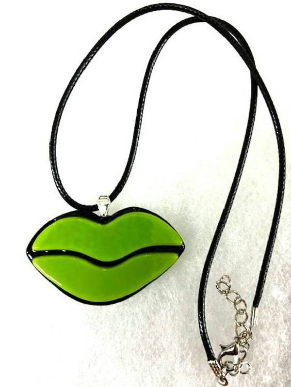 Alternate image for Turquoise Art Glass Lips Pendant Necklace with Black Leatherette Cord