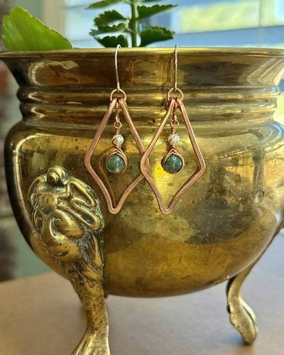 Primary image for Hand Forged Raw Copper Earrings with Indian Agate and Genuine Freshwater Pearls