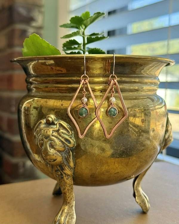 Alternate image for Hand Forged Raw Copper Earrings with Indian Agate and Genuine Freshwater Pearls