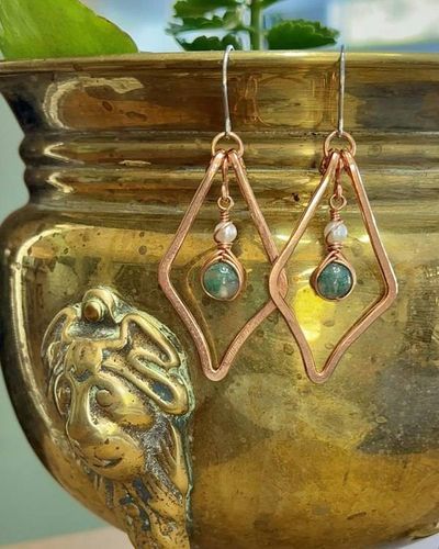 Alternate image for Hand Forged Raw Copper Earrings with Indian Agate and Genuine Freshwater Pearls