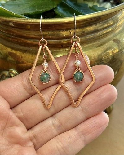 Alternate image for Hand Forged Raw Copper Earrings with Indian Agate and Genuine Freshwater Pearls