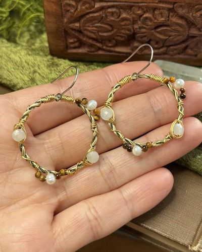 Primary image for Medieval Style Wire Wrapped Gemstone Hoop Earrings - Twisted Raw Brass Soldered Hoops with Old Worldly Moonstone, Tigers Eye, and Freshwater Pearls