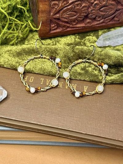 Alternate image for Medieval Style Wire Wrapped Gemstone Hoop Earrings - Twisted Raw Brass Soldered Hoops with Old Worldly Moonstone, Tigers Eye, and Freshwater Pearls
