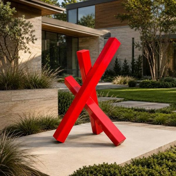 Alternate image for Large Red Floor Sculpture | 45-inch Geometric Steel Form | Vertex
