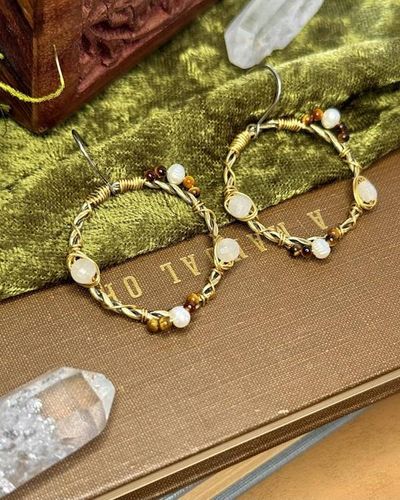 Alternate image for Wire Wrapped Hoop Earrings with Mixed Beads • Handcrafted Raw Brass Twisting Hoops • Boho Gemstone Statement Jewelry Gift for Her