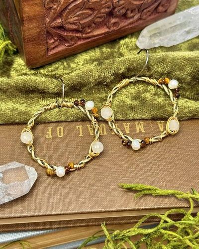 Alternate image for Wire Wrapped Hoop Earrings with Mixed Beads • Handcrafted Raw Brass Twisting Hoops • Boho Gemstone Statement Jewelry Gift for Her