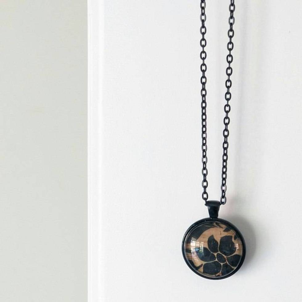 Black Floral Silhouette Necklace – Cork Fabric Under Glass