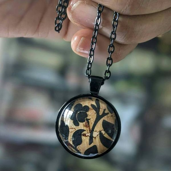Alternate image for Black Floral Silhouette Necklace – Cork Fabric Under Glass