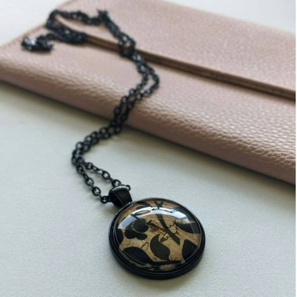 Alternate image for Black Floral Silhouette Necklace – Cork Fabric Under Glass