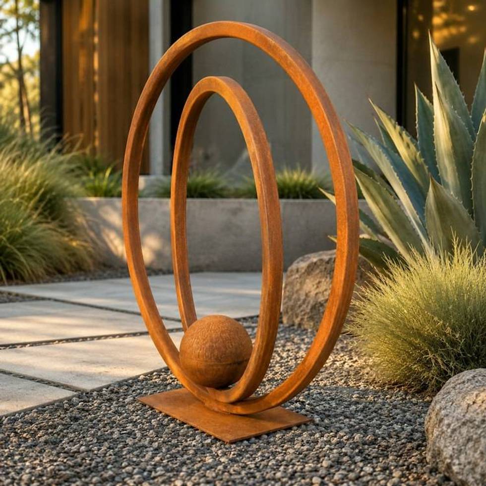 Circular Metal Garden Sculpture | 30-Inch Rusted Steel Orb Design | Solstice