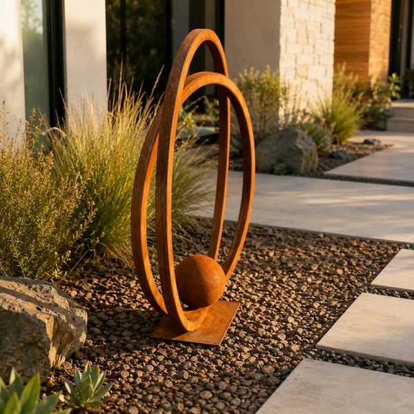 Alternate image for Circular Metal Garden Sculpture | 30-Inch Rusted Steel Orb Design | Solstice