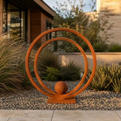 Alternate image for Circular Metal Garden Sculpture | 30-Inch Rusted Steel Orb Design | Solstice
