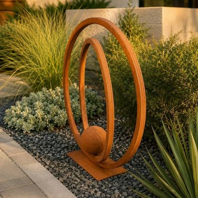 Alternate image for Circular Metal Garden Sculpture | 30-Inch Rusted Steel Orb Design | Solstice