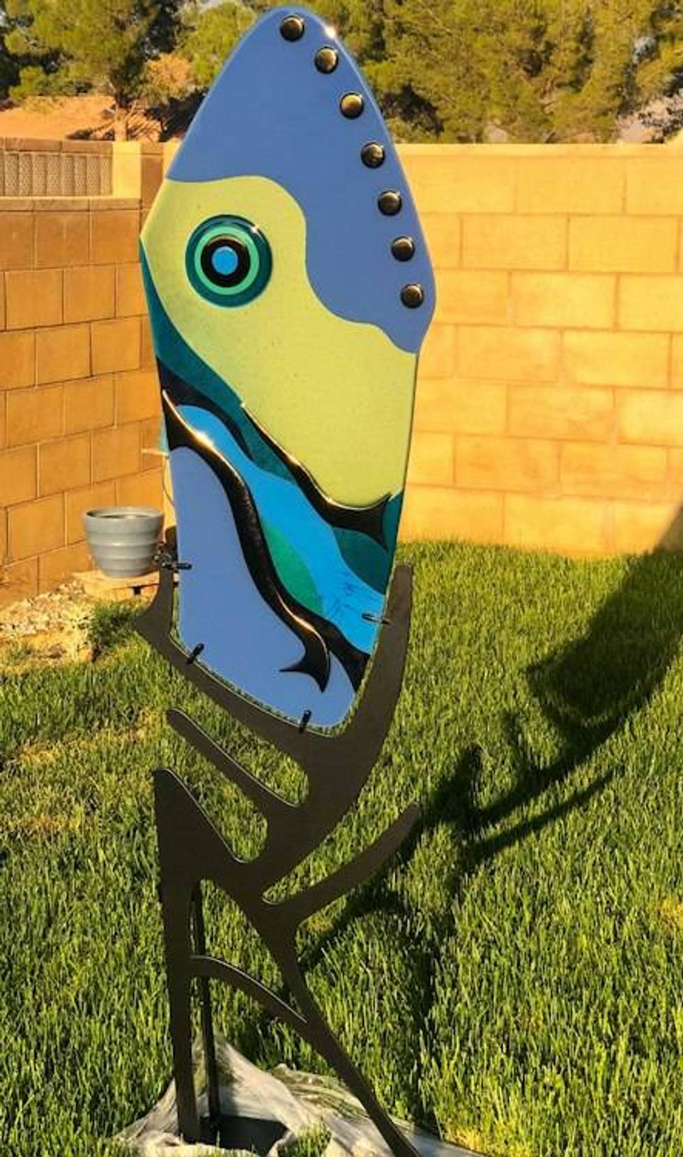 Handcrafted Fused Glass Art Panel with Metal Stand - Ocean Wave Design
