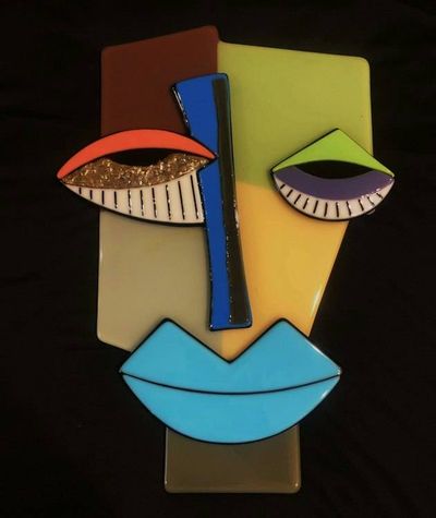 Alternate image for Cubist Abstract Face Wall Art - Handcrafted Multicolored Glass Sculpture
