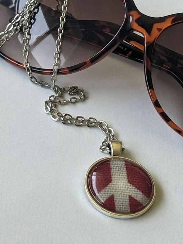 Alternate image for Red and White Peace Sign Necklace - Canvas Fabric Under Glass