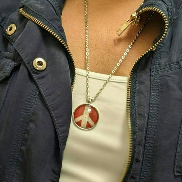 Alternate image for Red and White Peace Sign Necklace - Canvas Fabric Under Glass