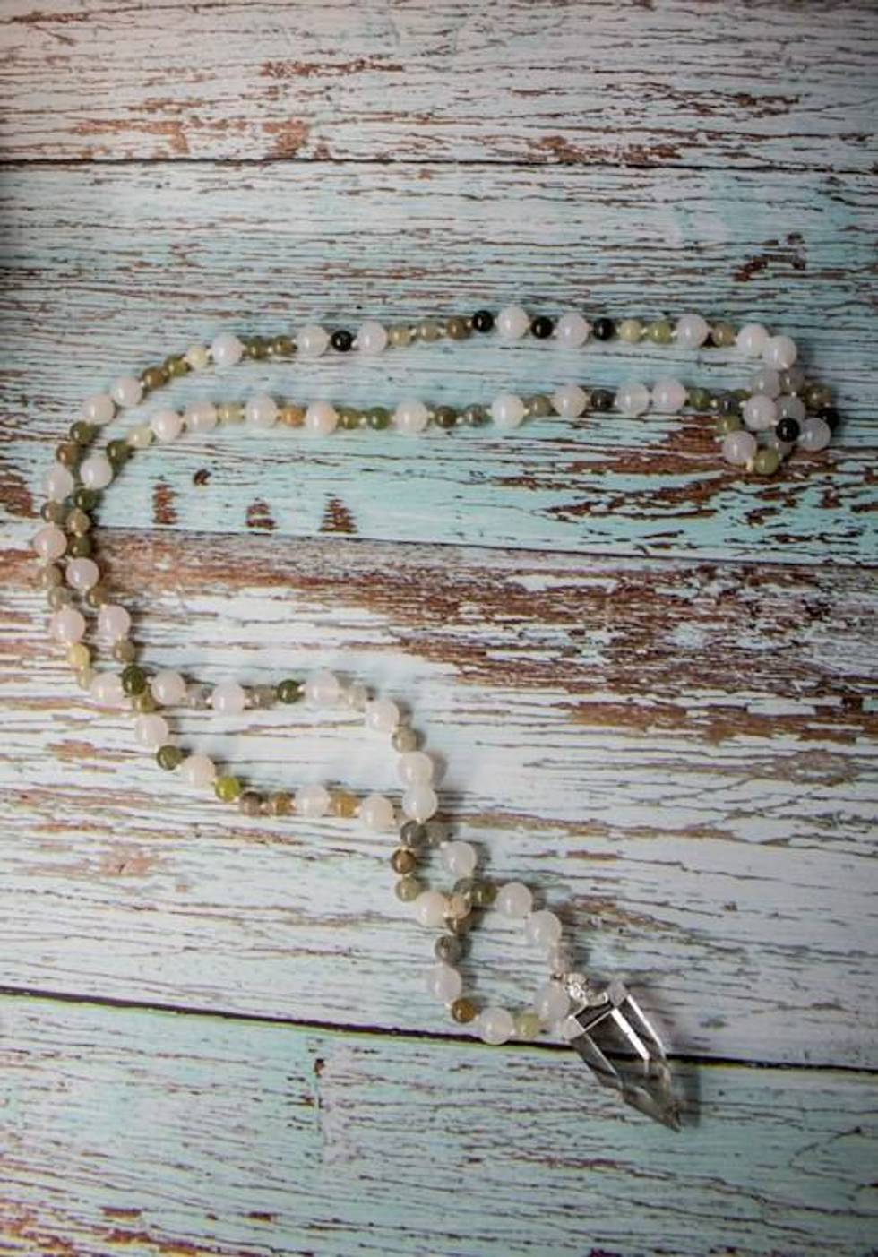 Whispering Grove White Jade and Clear Quartz Crystal Point Necklace