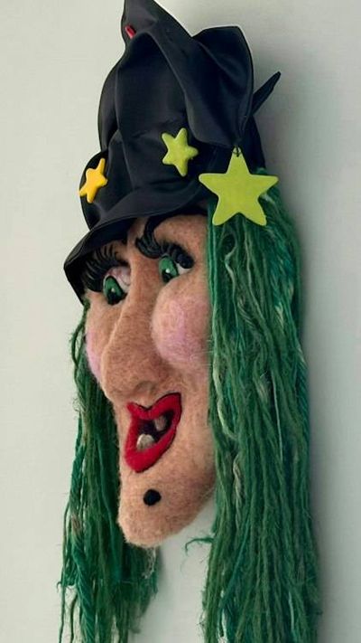 Alternate image for Large Handmade Needle Felted Witch Wall Hanging – Primitive Folk Art Halloween Decor – One of a Kind Wool Witch Face