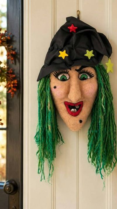 Alternate image for Large Handmade Needle Felted Witch Wall Hanging – Primitive Folk Art Halloween Decor – One of a Kind Wool Witch Face