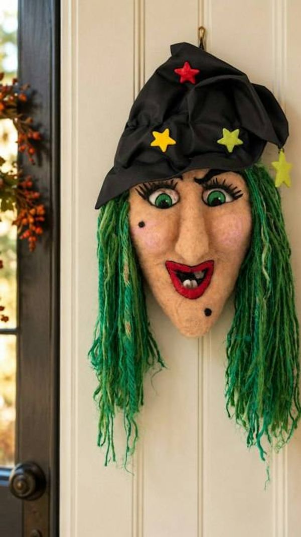 Alternate image for Large Handmade Needle Felted Witch Wall Hanging – Primitive Folk Art Halloween Decor – One of a Kind Wool Witch Face