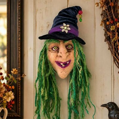 Alternate image for Handmade Needle Felted Witch Wall Hanging – Whimsical Folk Art Halloween Decor – Mixed Media Witch Face