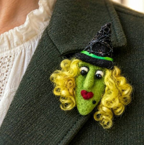 Alternate image for Handmade Needle Felted Witch Brooch – Whimsical Halloween Pin – Folk Art Wool Witch -  Lulu Lemon-curl