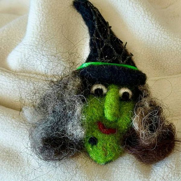 Alternate image for Handmade Needle Felted Witch Brooch – Whimsical Halloween Pin – Folk Art Wool Witch -  Myrtle Moonbeam