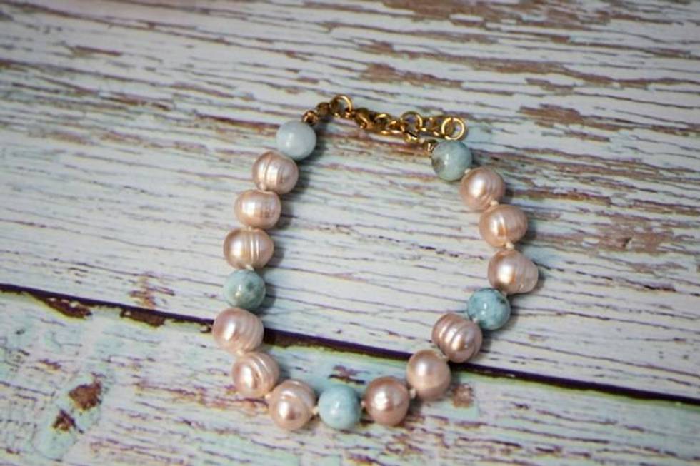 Blush and Caribbean Blue Freshwater Pearl and Larimar Bracelet