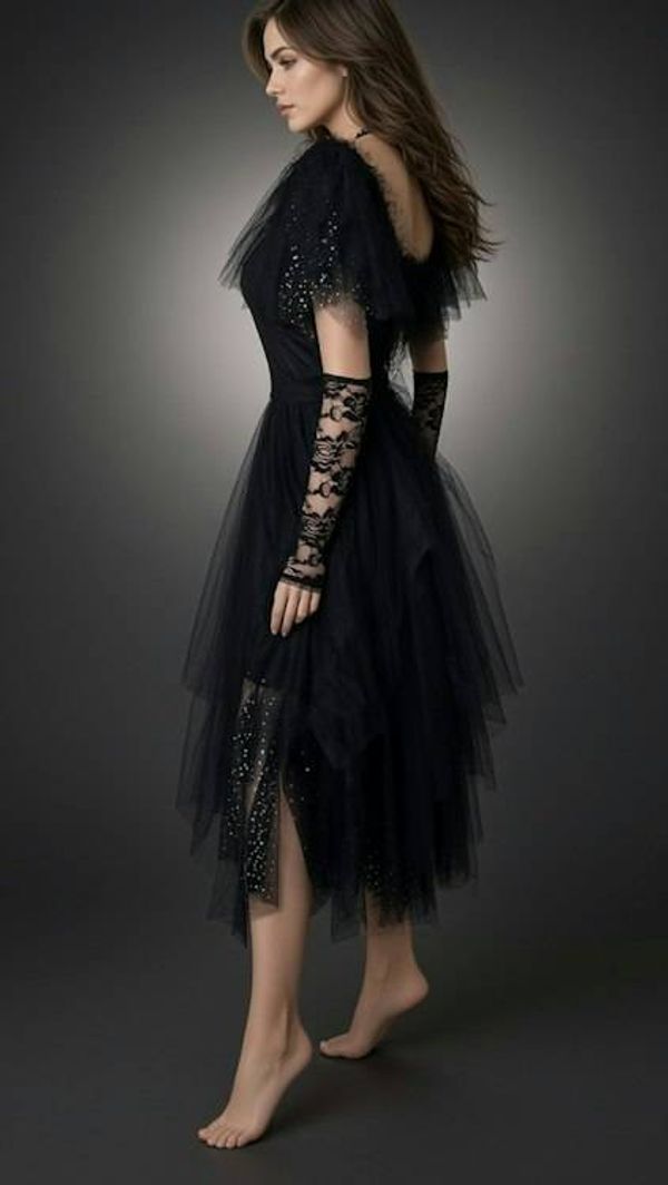 Alternate image for Black tulle Gothic style, Halloween green sparkles and with dramatic shoulders