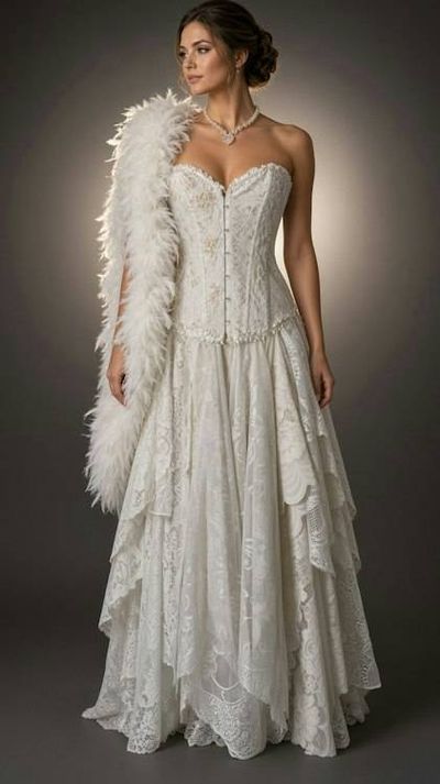Primary image for Ethereal Feather-Adorned Ivory Lace Wedding Gown with Corset Bodice