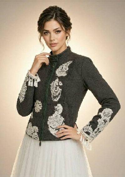 Primary image for Embroidered Charcoal quilted cotton Jacket with Ivory Lace Appliqués