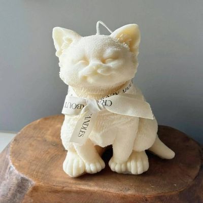 Primary image for Hand-Carved Natural Candle Cat Figurine with Decorative Ribbon