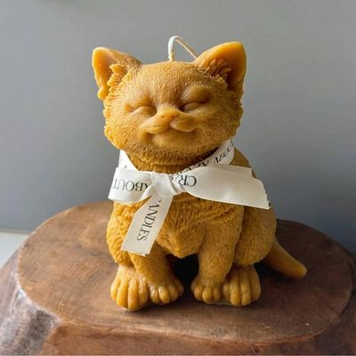 Alternate image for Hand-Carved Natural Candle Cat Figurine with Decorative Ribbon