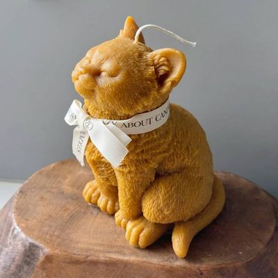 Alternate image for Hand-Carved Natural Candle Cat Figurine with Decorative Ribbon