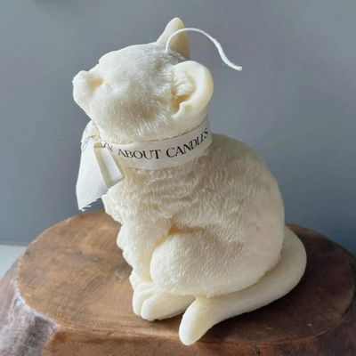 Alternate image for Hand-Carved Natural Candle Cat Figurine with Decorative Ribbon