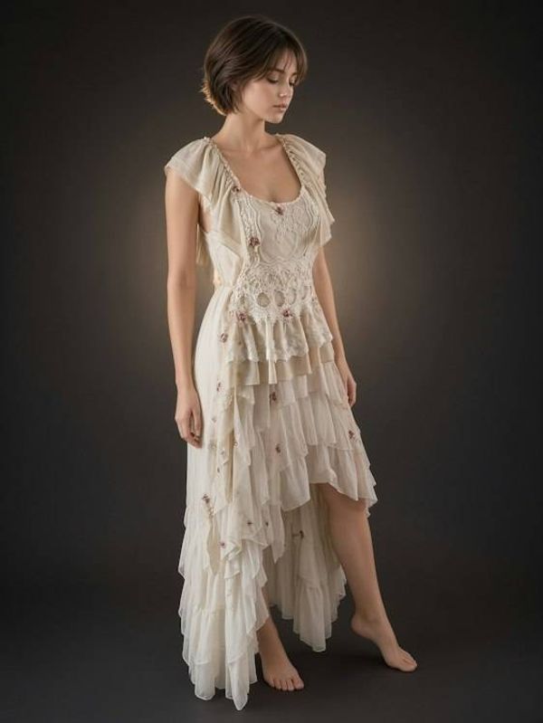 Alternate image for Handcrafted Romantic Tiered High Low Ruffle Dress with Embellished Lace Bodice