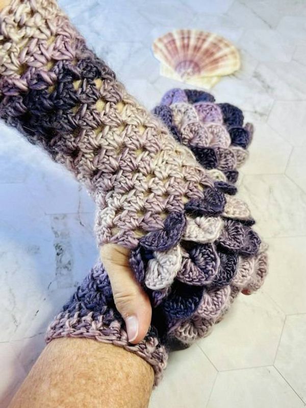 Alternate image for Crocheted Dragon Scale Fingerless Gloves Purple