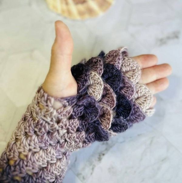 Alternate image for Crocheted Dragon Scale Fingerless Gloves Purple